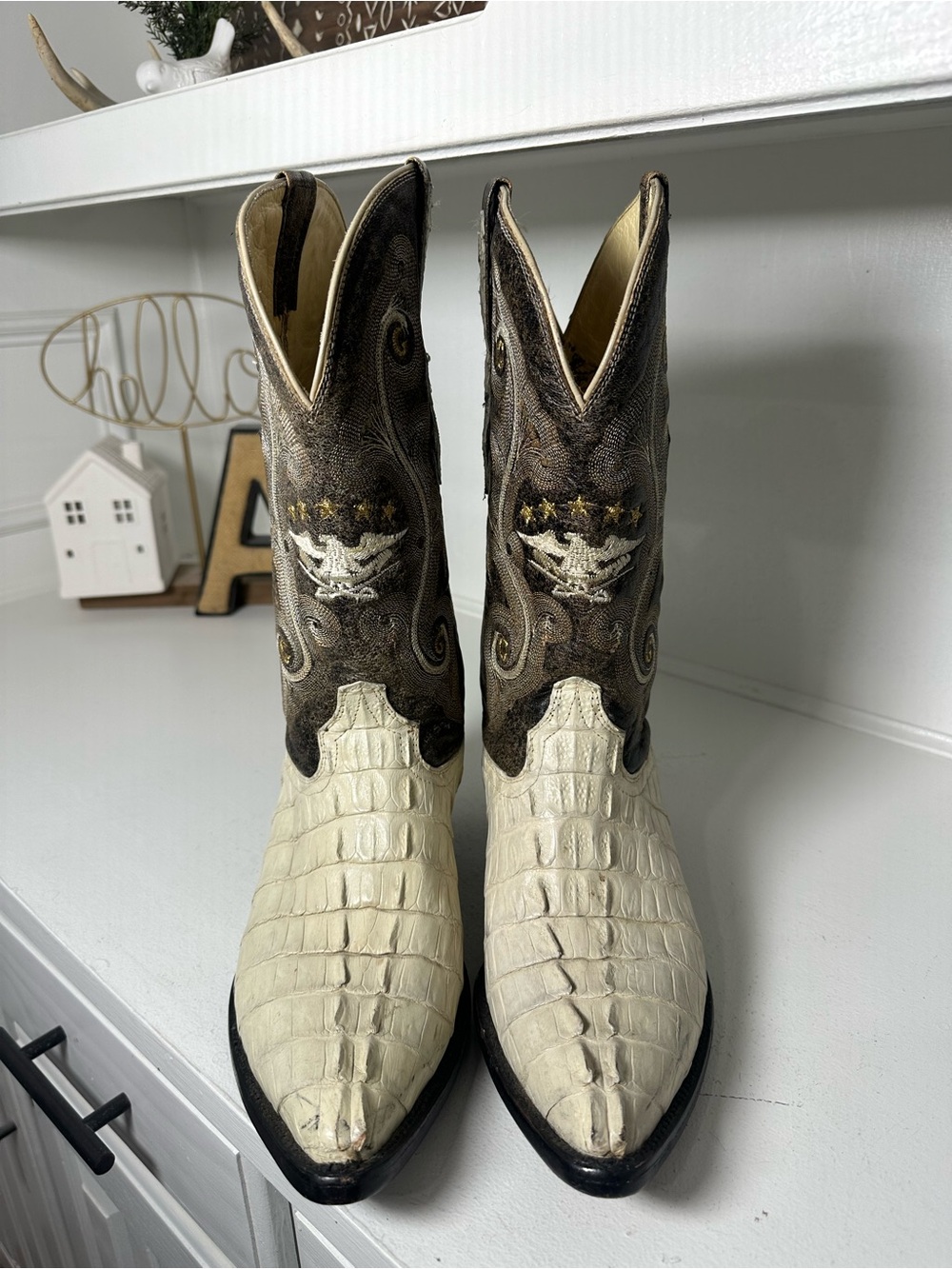 El General Exotic Cowboy Boots Men’s 8 D Women’s 9.5 White Croc Leather Western - Picture 2 of 9